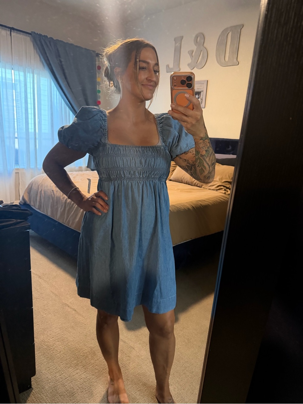 Blue Puff-Sleeve Square Neck Mini Dress